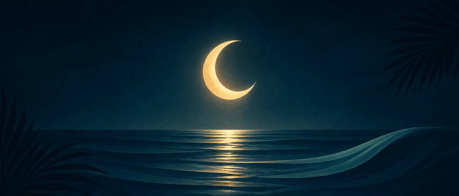 Ilustración de una luna creciente sobre el mar en calma